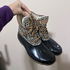 Sperry Women's Black and Brown Leopard Duck Boots